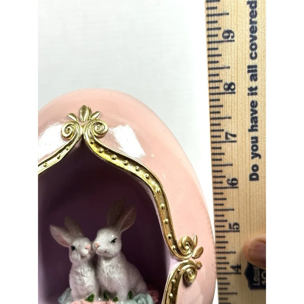 Easter Egg Bunny Figurine Pink Gold Pedestal Spring Easter Decor Two Rabbits